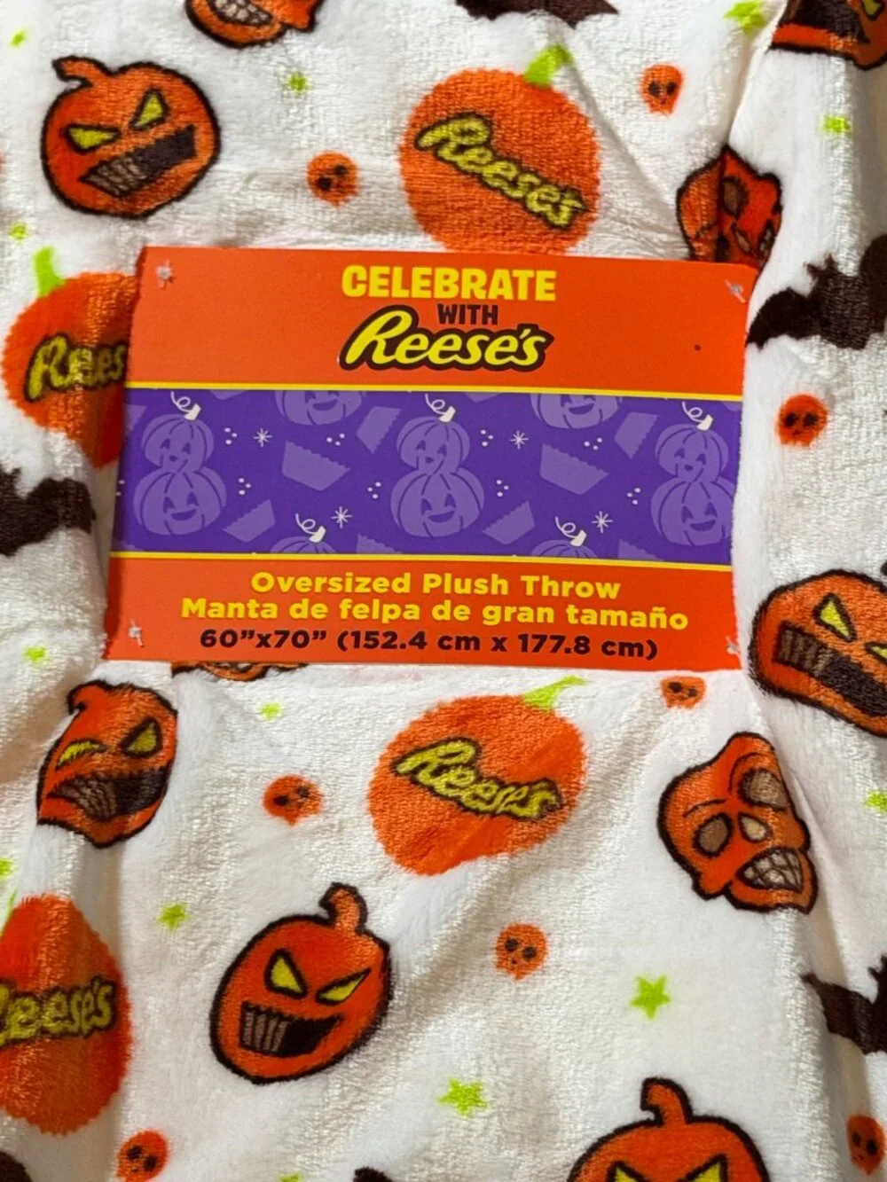 Reese’s Halloween Oversized Plush Throw Blanket 60x70 Pumpkins Skulls Bats